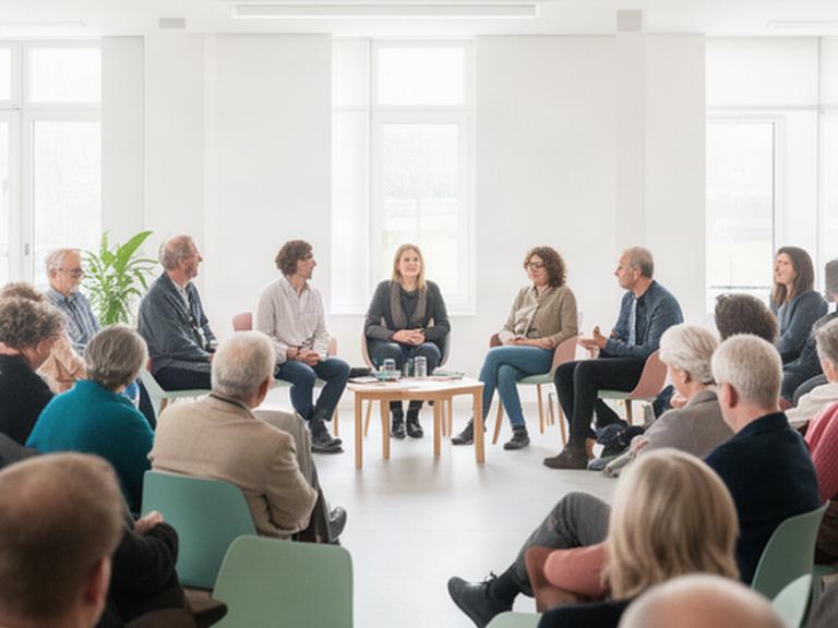 Moderierte Gesprächsrunde in einem hellen Saal in Worb, Menschen verschiedener Generationen hören einer Diskussion zu